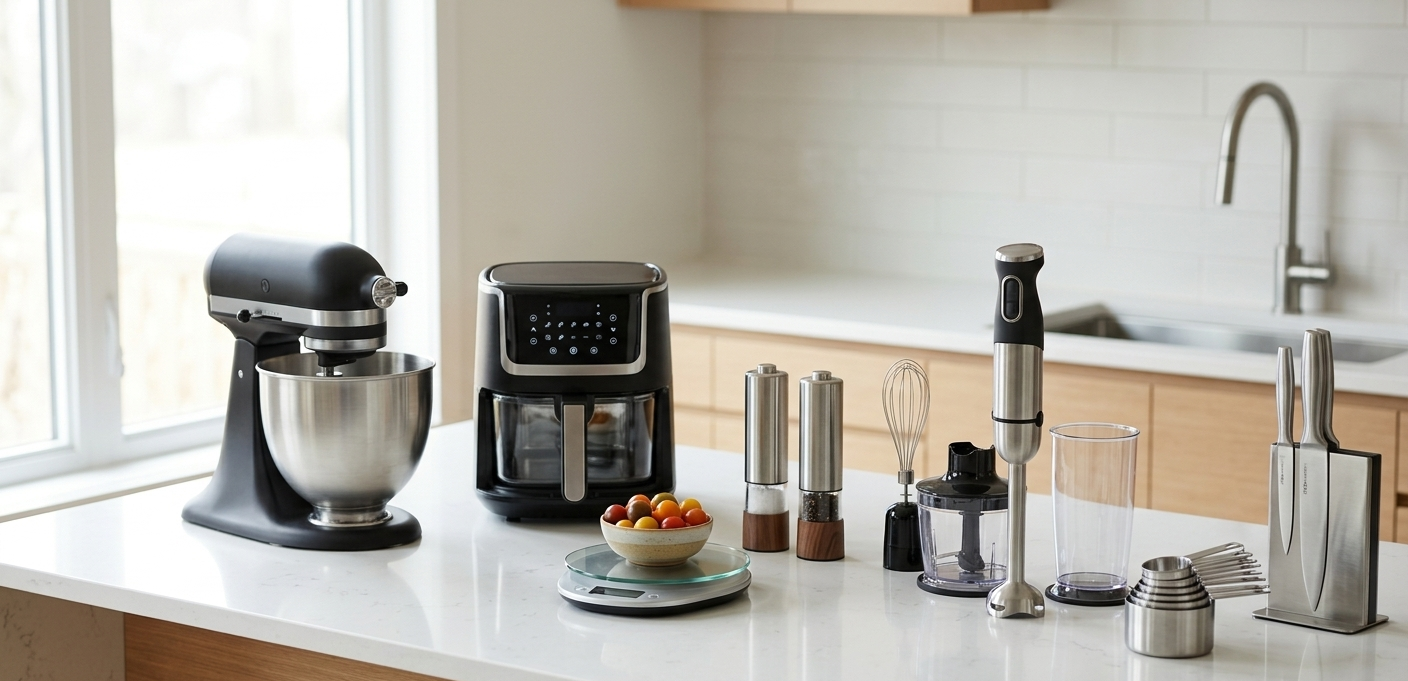 Best selling kitchen tools and gadgets arranged on a clean and modern kitchen countertop