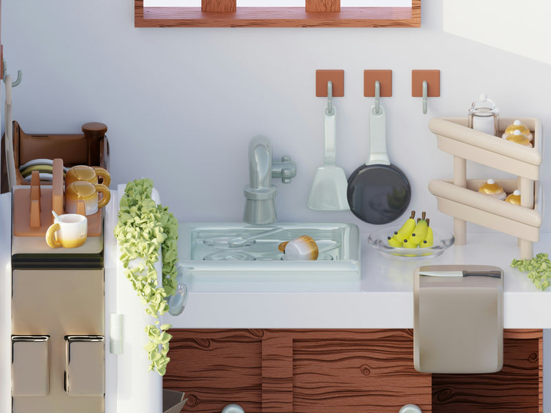 Cooking tools including spatula, tongs, whisk, and measuring cups arranged on a clean kitchen countertop