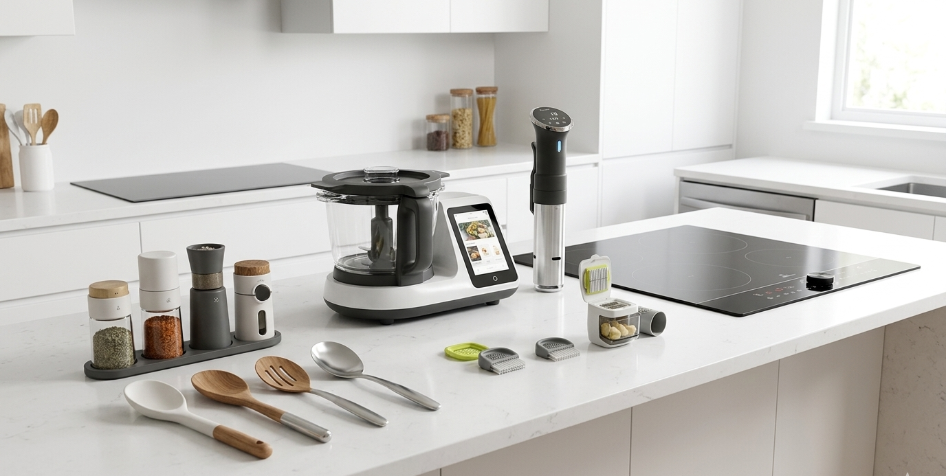 New kitchen tools and gadgets arranged on a clean modern kitchen countertop