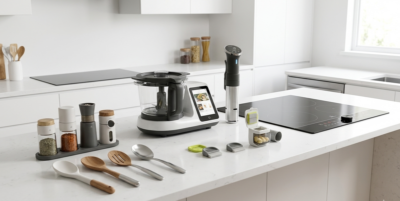 New kitchen tools and gadgets arranged on a clean modern kitchen countertop