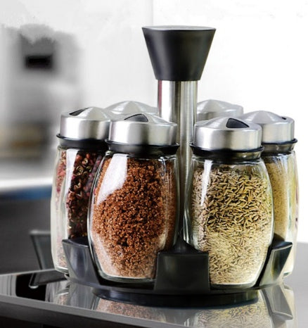 7-Piece Glass Spice Jar Set with Rotating Rack | Kitchen Seasoning Organizer