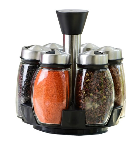 7-Piece Glass Spice Jar Set with Rotating Rack | Kitchen Seasoning Organizer